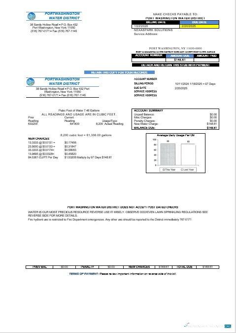 USA New York Port Washington Water District business utility bill template in Word and PDF formats